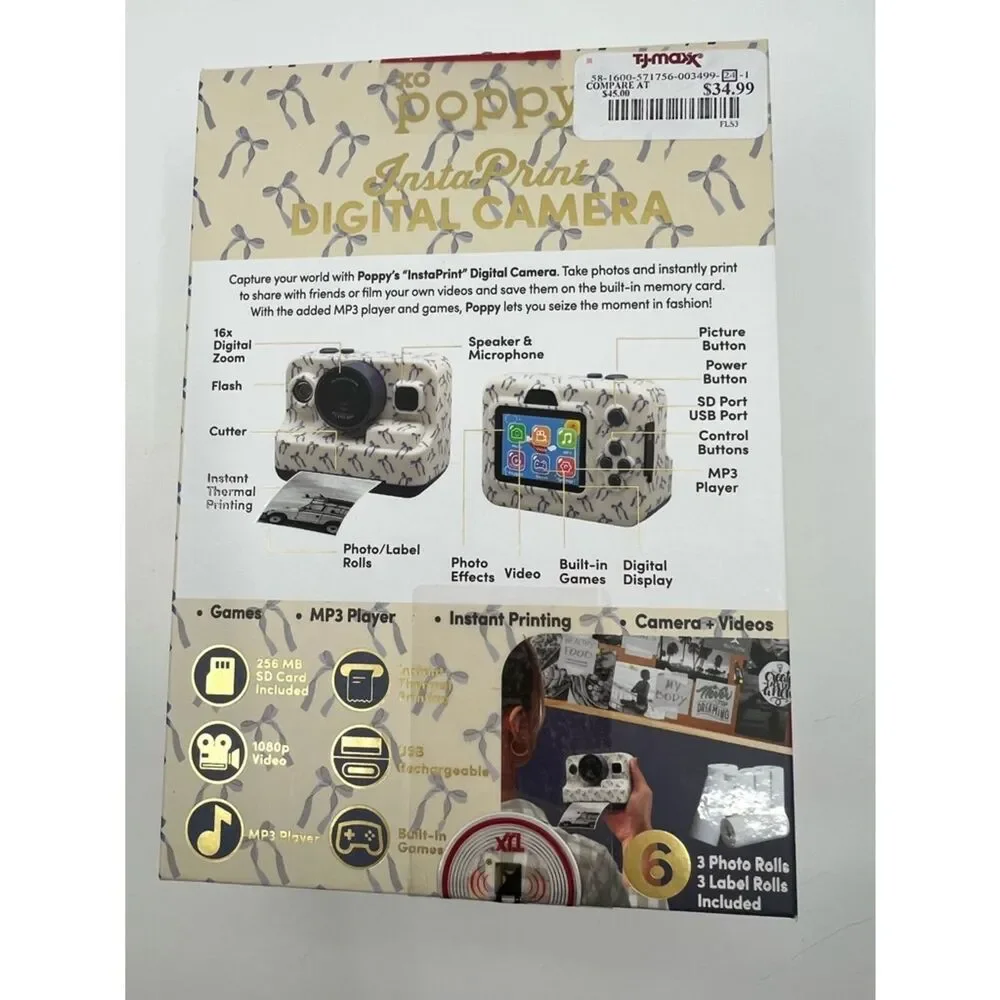 NIB XO Poppy White Digital insta-print Camera with Blue ribbon Accents